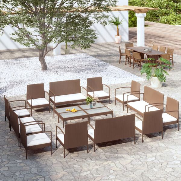 vidaXL Salon de jardin 16 pcs avec coussins R&eacute;sine tress&eacute;e Marron