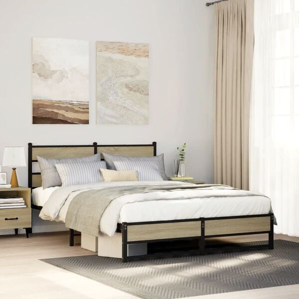 vidaXL Cadre de lit en m&eacute;tal sans matelas ch&ecirc;ne sonoma 150x200 cm