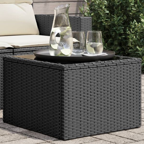 vidaXL Table de jardin avec plateau en verre noir 55 x 55 x 37 cm en r&eacute;sine tress&eacute;e