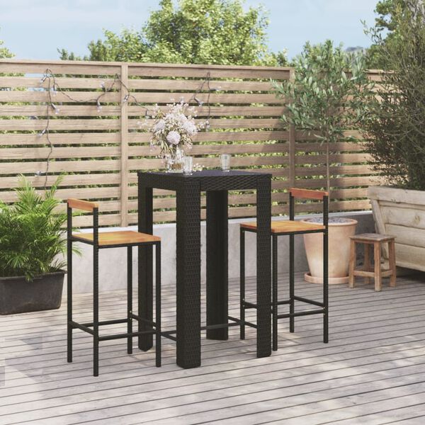 vidaXL Ensemble de bar jardin 3 pcs noir poly rotin/bois massif acacia