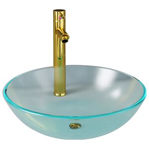 vidaXL Lavabo de bain avec robinet et drain &agrave; poussoir Verre tremp&eacute;