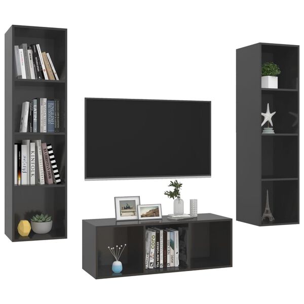 vidaXL Ensemble de meubles TV 3 pcs Gris brillant Bois d'ing&eacute;nierie