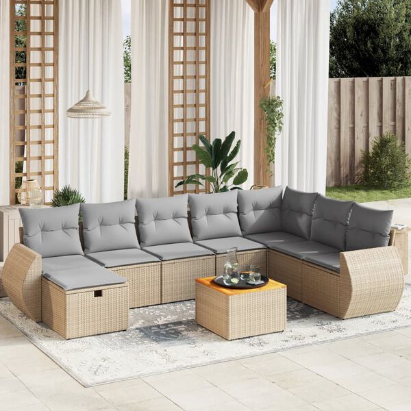 vidaXL Salon de jardin avec coussins 9pcs m&eacute;lange beige r&eacute;sine tress&eacute;e
