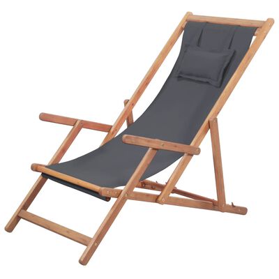 vidaXL Chaise pliable de plage Tissu et cadre en bois Gris