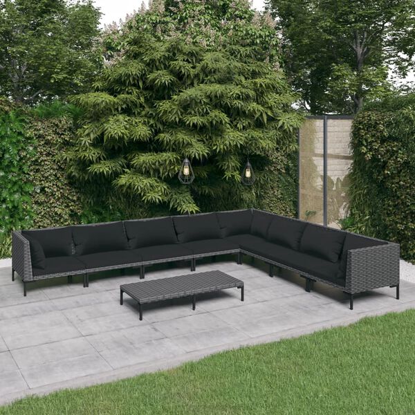vidaXL Salon de jardin 9 pcs avec coussins Résine tressée Gris foncé