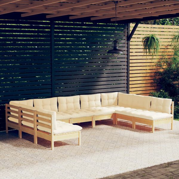 vidaXL Salon de jardin 9 pcs avec coussins cr&egrave;me bois de pin massif