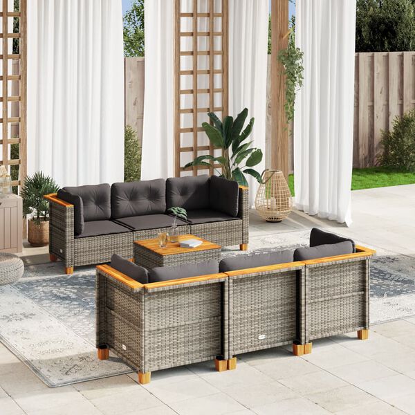 vidaXL Salon de jardin avec coussins 7 pcs gris r&eacute;sine tress&eacute;e