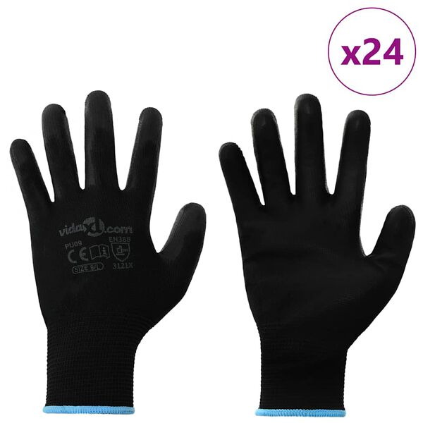 vidaXL Gants de Travail 24 pcs Noir 9 / l Polyester