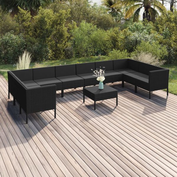 vidaXL Salon de jardin 11 pcs avec coussins R&eacute;sine tress&eacute;e Noir