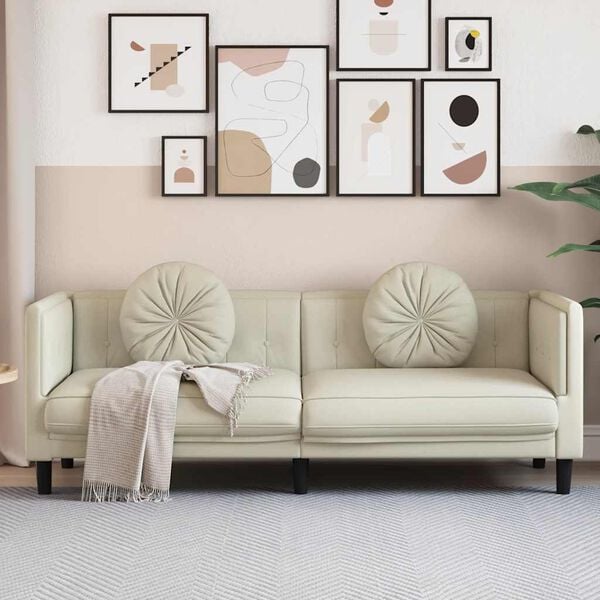 vidaXL Canap&eacute; avec coussins 3 places cr&egrave;me velours