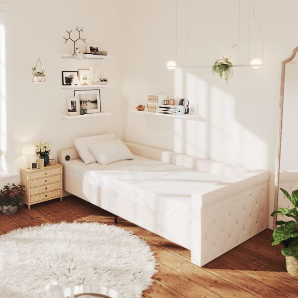 vidaXL Lit avec matelas et &eacute;clairage USB Cr&egrave;me Tissu 90x200 cm