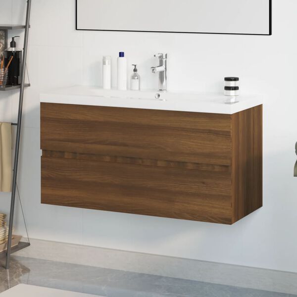 vidaXL Meuble lavabo avec bassin int&eacute;gr&eacute; Ch&ecirc;ne brun Bois d'ing&eacute;nierie
