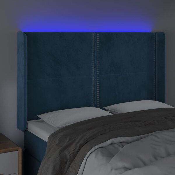 vidaXL T&ecirc;te de lit &agrave; LED Bleu fonc&eacute; 147x16x118/128 cm Velours