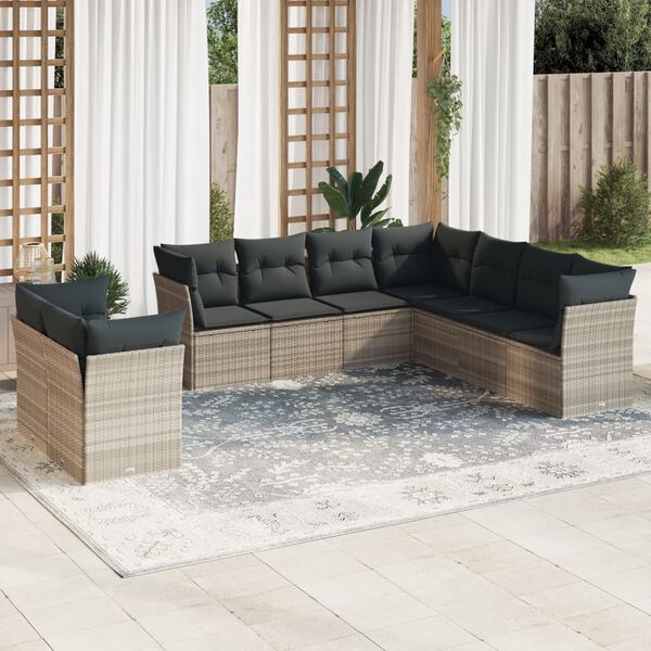 vidaXL Salon de jardin 9 pcs avec coussins gris clair r&eacute;sine tress&eacute;e