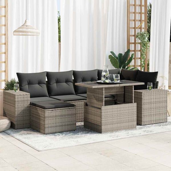 vidaXL Salon de jardin avec coussins 7 pcs gris r&eacute;sine tress&eacute;e