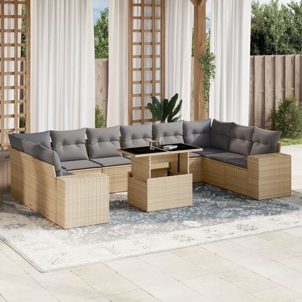 vidaXL Salon de jardin 11 pcs avec coussins beige r&eacute;sine tress&eacute;e