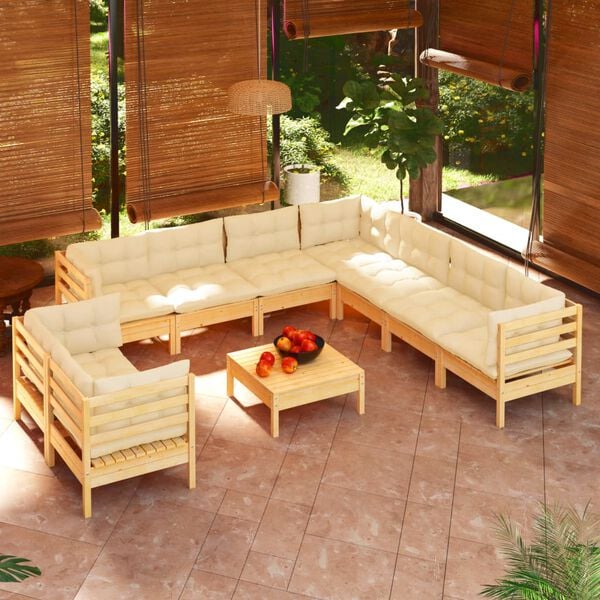 vidaXL Salon de jardin 10 pcs avec coussins cr&egrave;me bois de pin massif