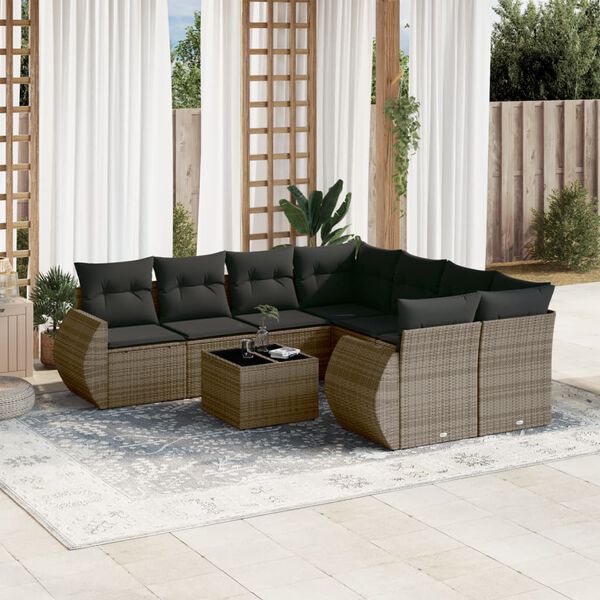 vidaXL Salon de jardin 9 pcs avec coussins gris r&eacute;sine tress&eacute;e