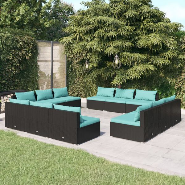vidaXL Salon de jardin 12 pcs avec coussins r&eacute;sine tress&eacute;e noir