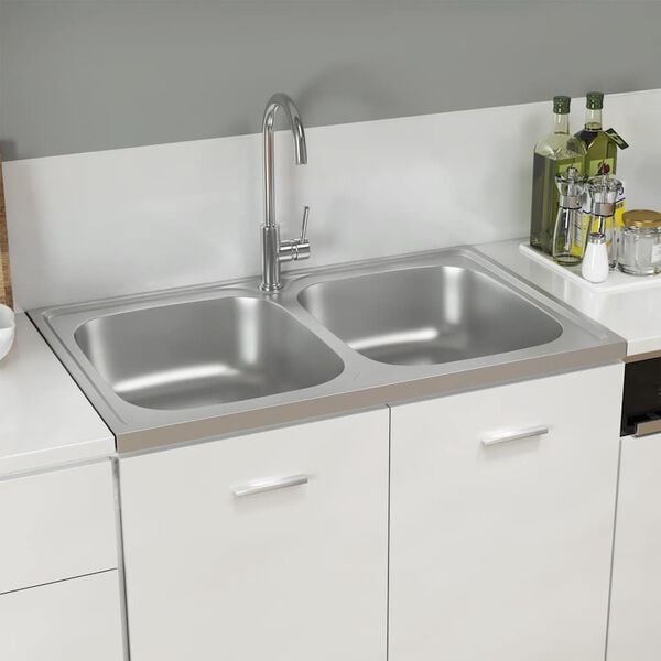 vidaXL &Eacute;vier de cuisine &agrave; double lavabo argent&eacute; 800x500x155 mm inox