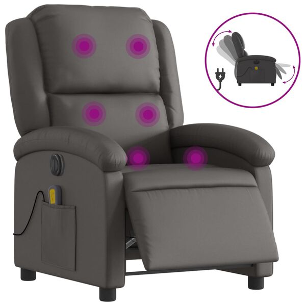 vidaXL Fauteuil de massage inclinable &eacute;lectrique gris cuir v&eacute;ritable
