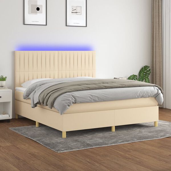 vidaXL Sommier &agrave; lattes de lit et matelas et LED Cr&egrave;me 160x200cm Tissu