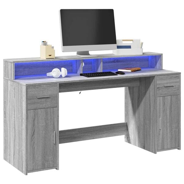 vidaXL Bureau et lumières LED sonoma gris 160x55x91 cm bois ingénierie