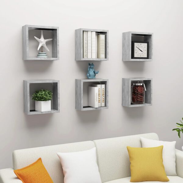vidaXL &Eacute;tag&egrave;res cube murales 6 pcs Gris b&eacute;ton 30x15x30 cm