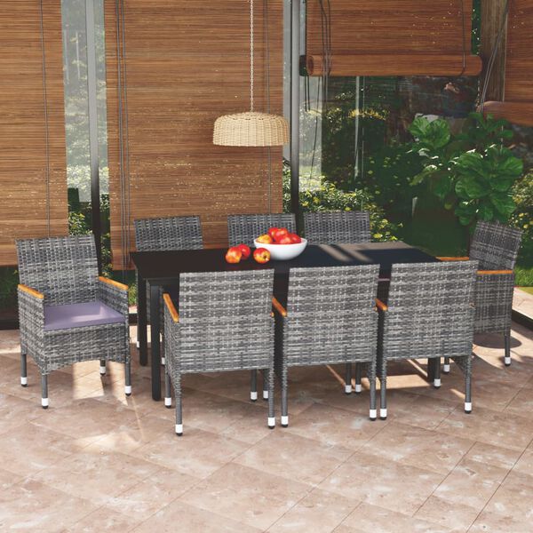 vidaXL Ensemble &agrave; manger de jardin coussins 9pcs R&eacute;sine tress&eacute;e Gris