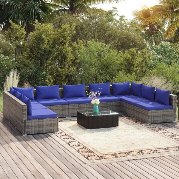 vidaXL Salon de jardin 10 pcs avec coussins R&eacute;sine tress&eacute;e Gris