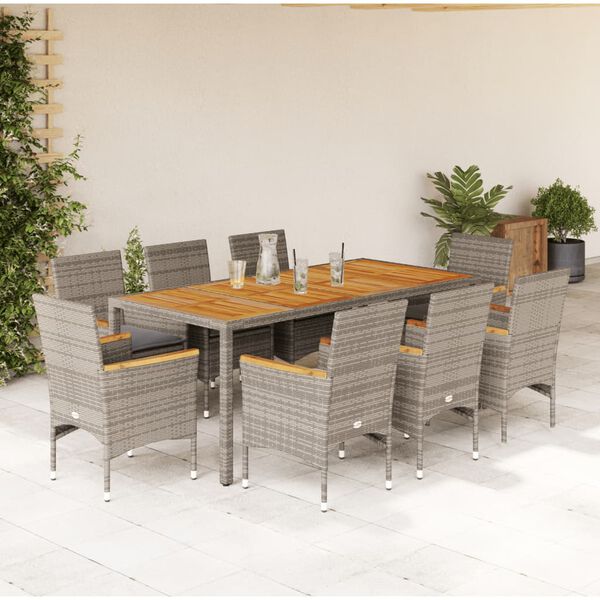 vidaXL Ensemble &agrave; manger de jardin et coussins 9 pcs gris rotin acacia