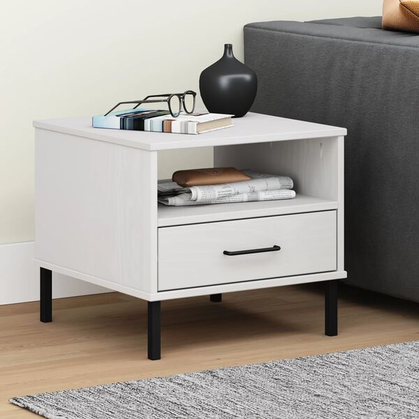 vidaXL Table de chevet avec pieds en m&eacute;tal Blanc Bois pin massif OSLO