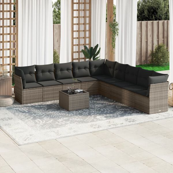 vidaXL Salon de jardin avec coussins 10 pcs gris r&eacute;sine tress&eacute;e