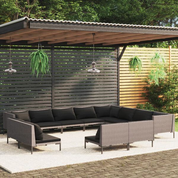 vidaXL Salon de jardin 12 pcs avec coussins R&eacute;sine tress&eacute;e Gris fonc&eacute;