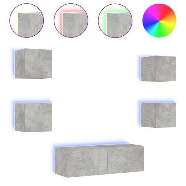 vidaXL Meuble TV muraux 5 pcs avec lumi&egrave;res LED gris b&eacute;ton