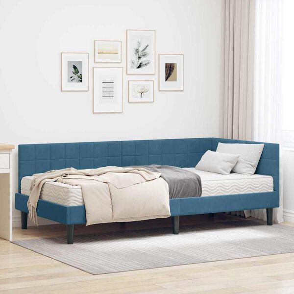 vidaXL Cadre de lit d'angle avec matelas 2 pcs Bleu Velours