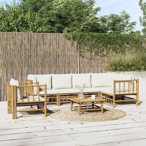 vidaXL Salon de jardin 7 pcs avec coussins blanc cr&egrave;me bambou
