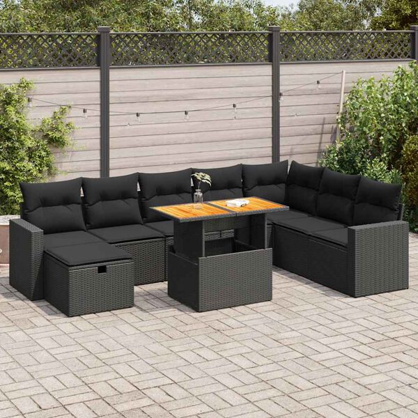 vidaXL Salon de jardin avec coussins 9 pcs noir résine tressée acacia