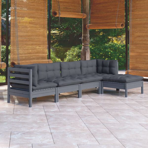vidaXL Salon de jardin 5 pcs avec coussins Gris Bois de pin