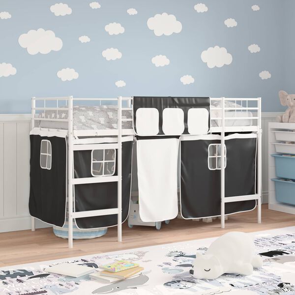 vidaXL Cadre de Lit Mezzanine pour Enfants avec Rideaux Blanc et Noir