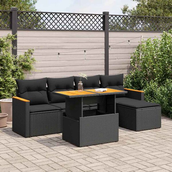 vidaXL Salon de jardin 6 pcs avec coussins noir résine tressée acacia