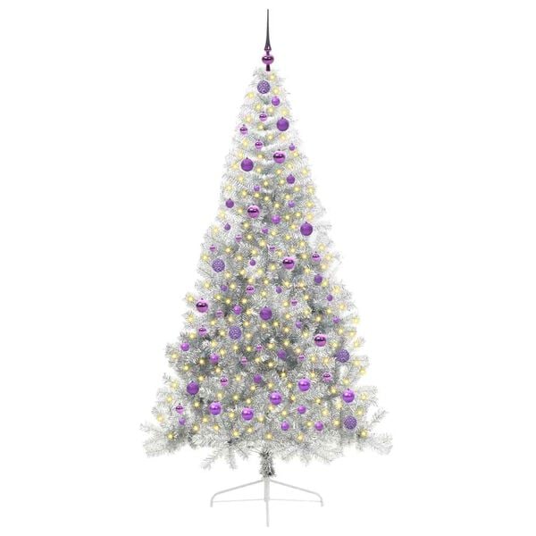 vidaXL Sapin de No&euml;l artificiel pr&eacute;-&eacute;clair&eacute; Argent 210 cm PET