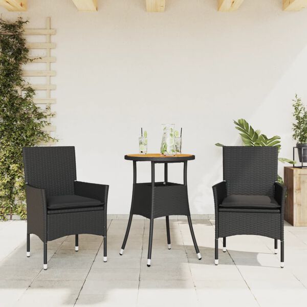 vidaXL Ensemble &agrave; manger de jardin et coussins 3 pcs noir rotin acacia
