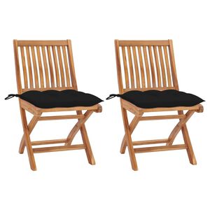 vidaXL Chaises pliantes (lot de 2) avec coussins noirs, en bois de teck massif