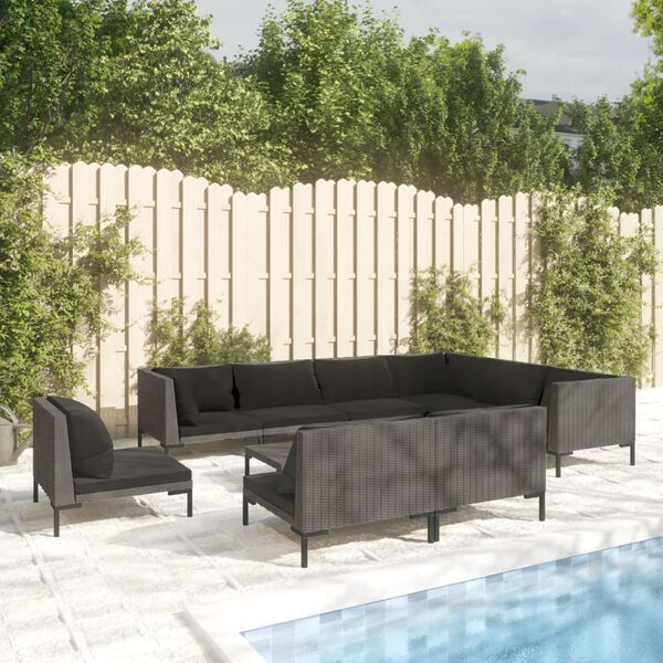 vidaXL Salon de jardin 10 pcs avec coussins R&eacute;sine tress&eacute;e Gris fonc&eacute;