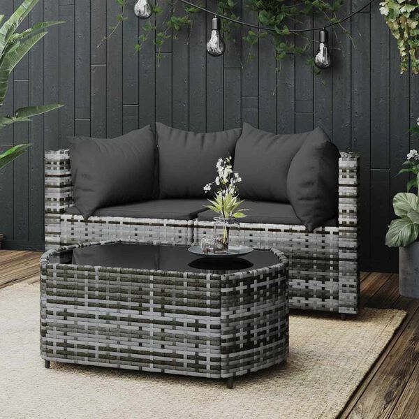 vidaXL Salon de jardin 3 pcs avec coussins Gris R&eacute;sine tress&eacute;e