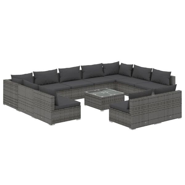 vidaXL Salon de jardin 12 pcs avec coussins Gris R&eacute;sine tress&eacute;e
