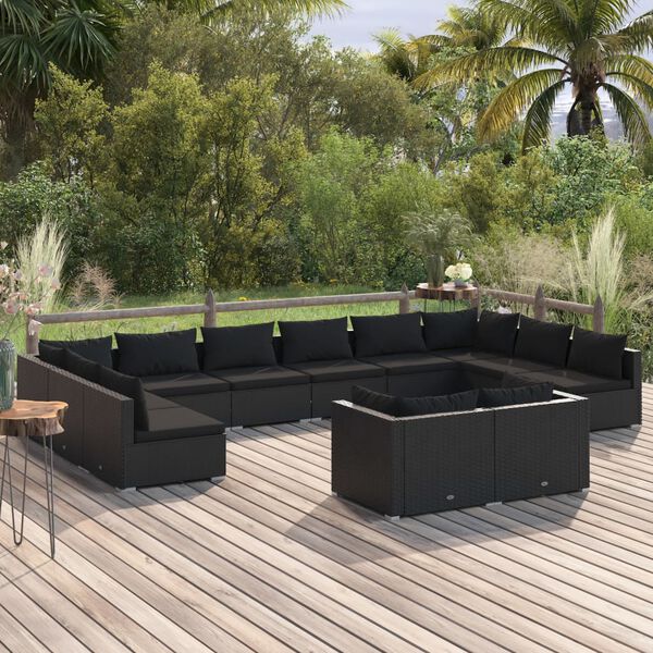 vidaXL Salon de jardin 12 pcs avec coussins Noir R&eacute;sine tress&eacute;e