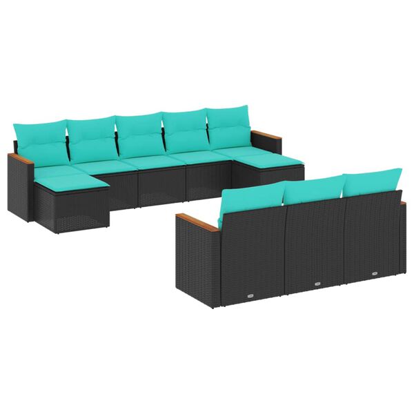 vidaXL Salon de jardin 10 pcs avec coussins noir r&eacute;sine tress&eacute;e