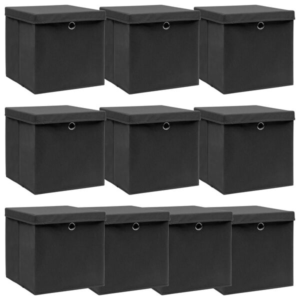 vidaXL Boîtes de rangement avec couvercle 10 pcs Noir 32x32x32cm Tissu